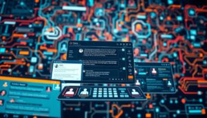 A digital illustration shows floating chat windows and user profiles over a vibrant, abstract circuit board background, symbolizing online communication and networking in a high-tech, futuristic environment.