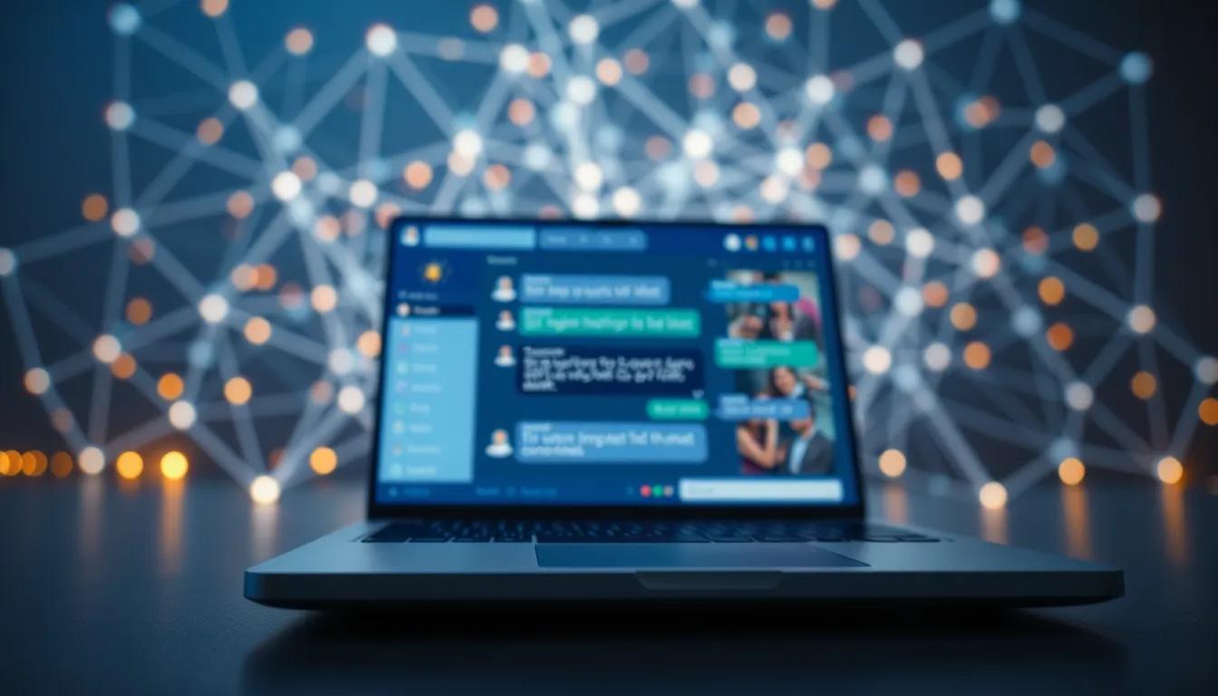A laptop displays a messaging app with chat bubbles on its screen, set against a blurred background of interconnected glowing nodes symbolizing a digital or networked environment.