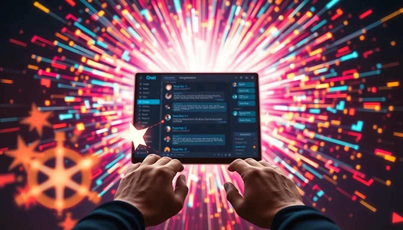 Two hands type on a digital chat interface floating in front of a vivid, colorful burst of light and abstract shapes, suggesting fast information exchange or digital communication.