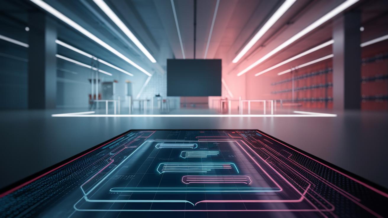 A futuristic room with bright overhead lights, modern furniture, and a large blank screen on the far wall; in the foreground is a digital circuit board interface glowing with neon lines.