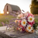 A rustic wooden table in a field at sunset holds a beautiful bouquet of white daisies, pink peonies, and purple lavender, with a blurred barn visible