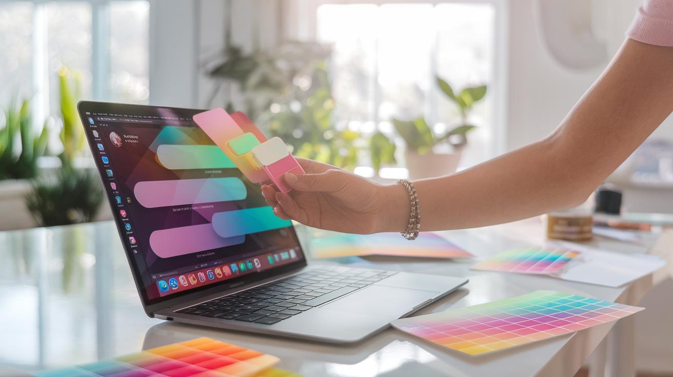 A person holds color swatches in front of a laptop displaying a colorful design interface. More color samples are spread on a table in a bright room with plants in the background.