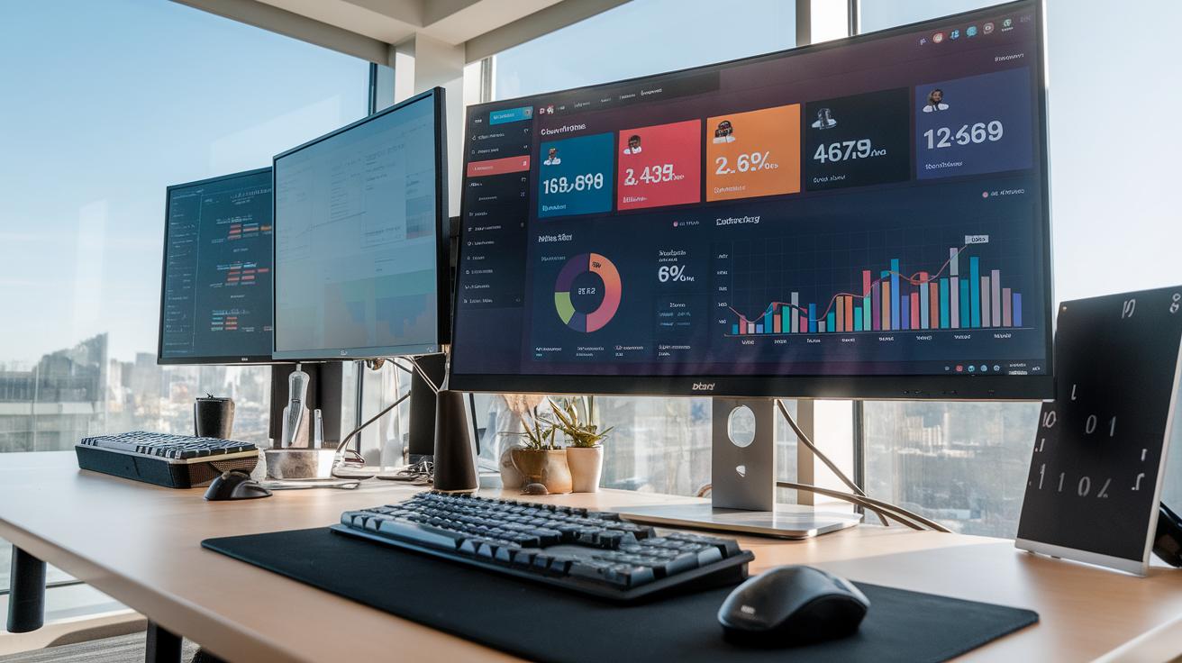 A modern office workspace with large computer monitors displaying colorful data dashboards and charts, a keyboard, mouse, and small potted plant on a wooden desk, set by windows with a city view.