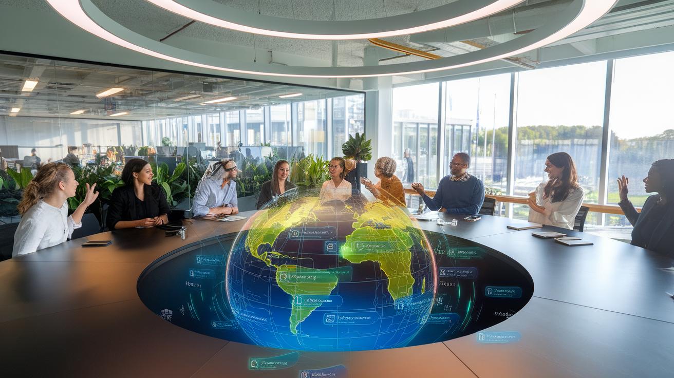 A diverse group of people sit around a circular table in a modern office, collaborating, with a digital globe and data icons projected above the tables center. Large windows and greenery are visible in the background.