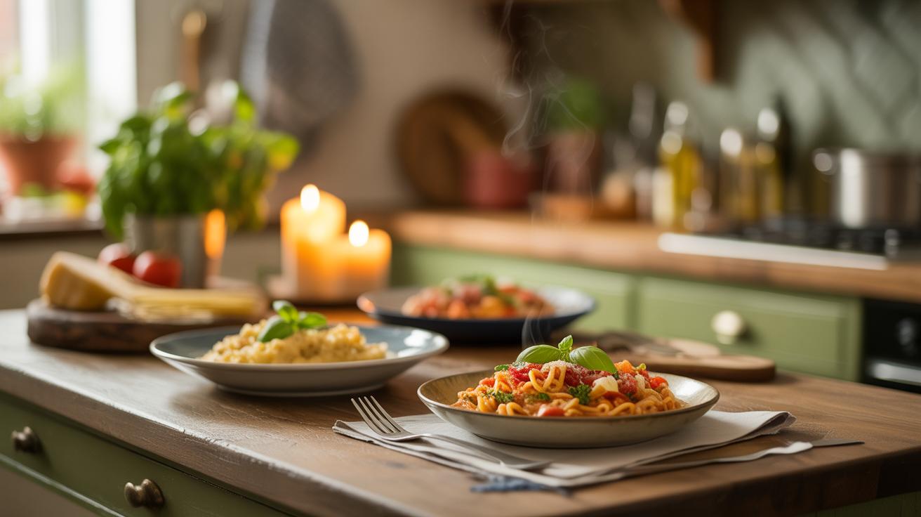A cozy kitchen table set with plates of pasta, garnished with basil, surrounded by candles, fresh parmesan, and a pot of basil. The background shows a softly lit kitchen with green cabinets and cooking utensils.