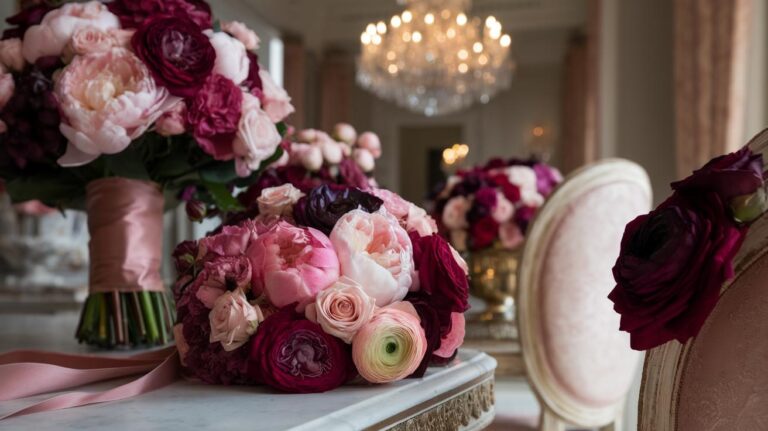 Bouquets of pink, red, and burgundy flowers rest on an elegant marble table in a luxurious room with ornate chairs and a sparkling chandelier in the background.