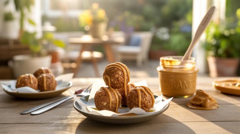 A plate of round oat and peanut butter energy bites drizzled with peanut butter sits on a sunlit wooden table, with a jar of peanut butter, utensils, and a bright, cozy garden in the background.