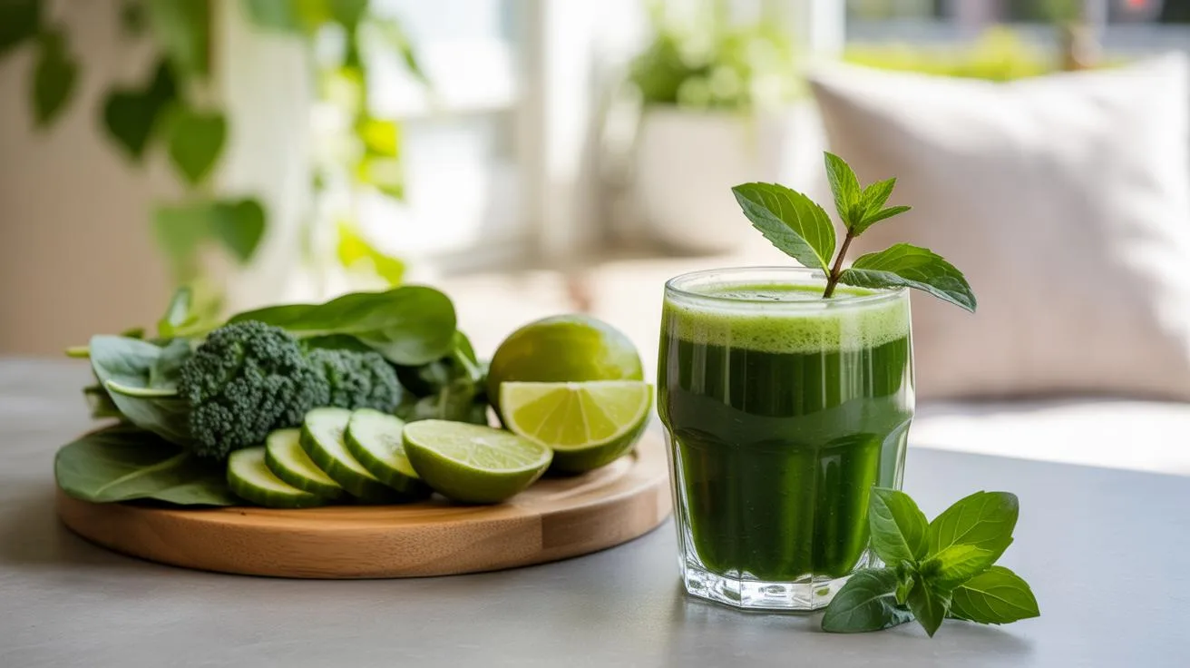 A glass of green juice garnished with mint sits on a table next to fresh spinach, broccoli, cucumber slices, and limes on a wooden board, with sunlight streaming through a window in the background.