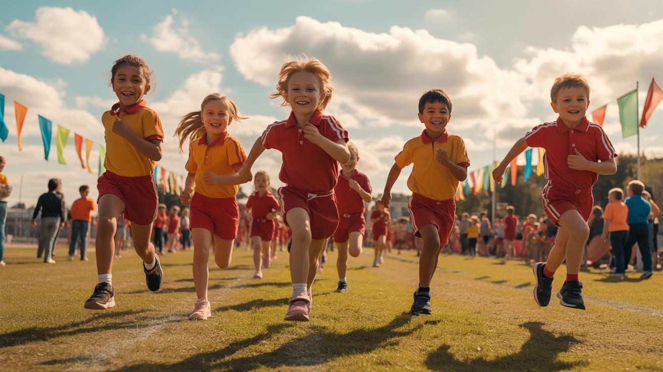A group of young children in colorful sports uniforms happily race towards the camera on a grassy field during a school sports day, with festive flags and a crowd in the background under a sunny sky.