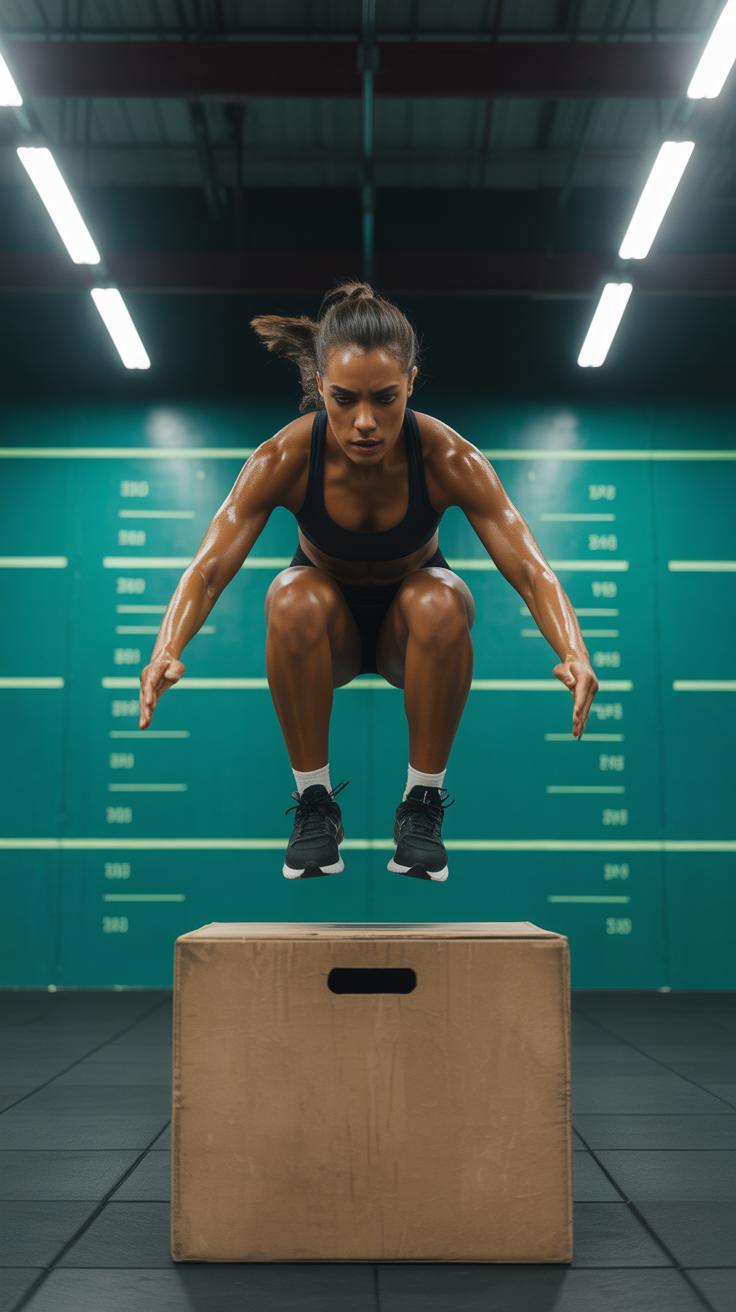 A woman in athletic clothing performs a box jump in a gym, her body suspended mid-air above a wooden box, with a green wall and workout markings in the background.