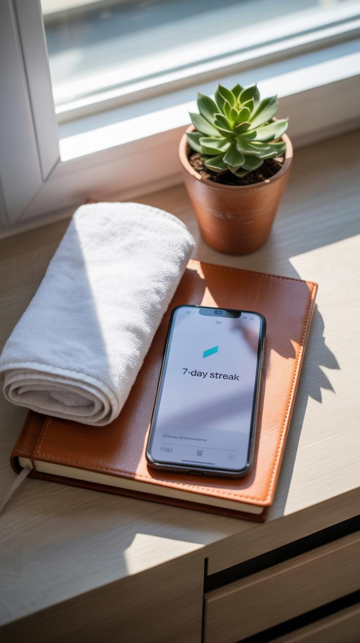 A smartphone displaying a “7-day streak” sits on a brown notebook next to a folded white towel and a small potted succulent on a sunlit windowsill.