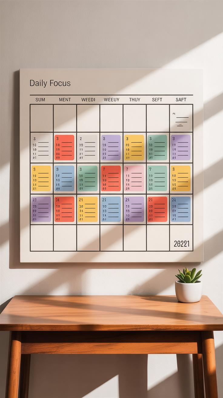 A wall-mounted, color-coded daily focus board with days and months labeled in columns, featuring sticky notes in various colors. A small potted plant sits on a wooden table beneath the board. Sunlight casts shadows on the wall.
