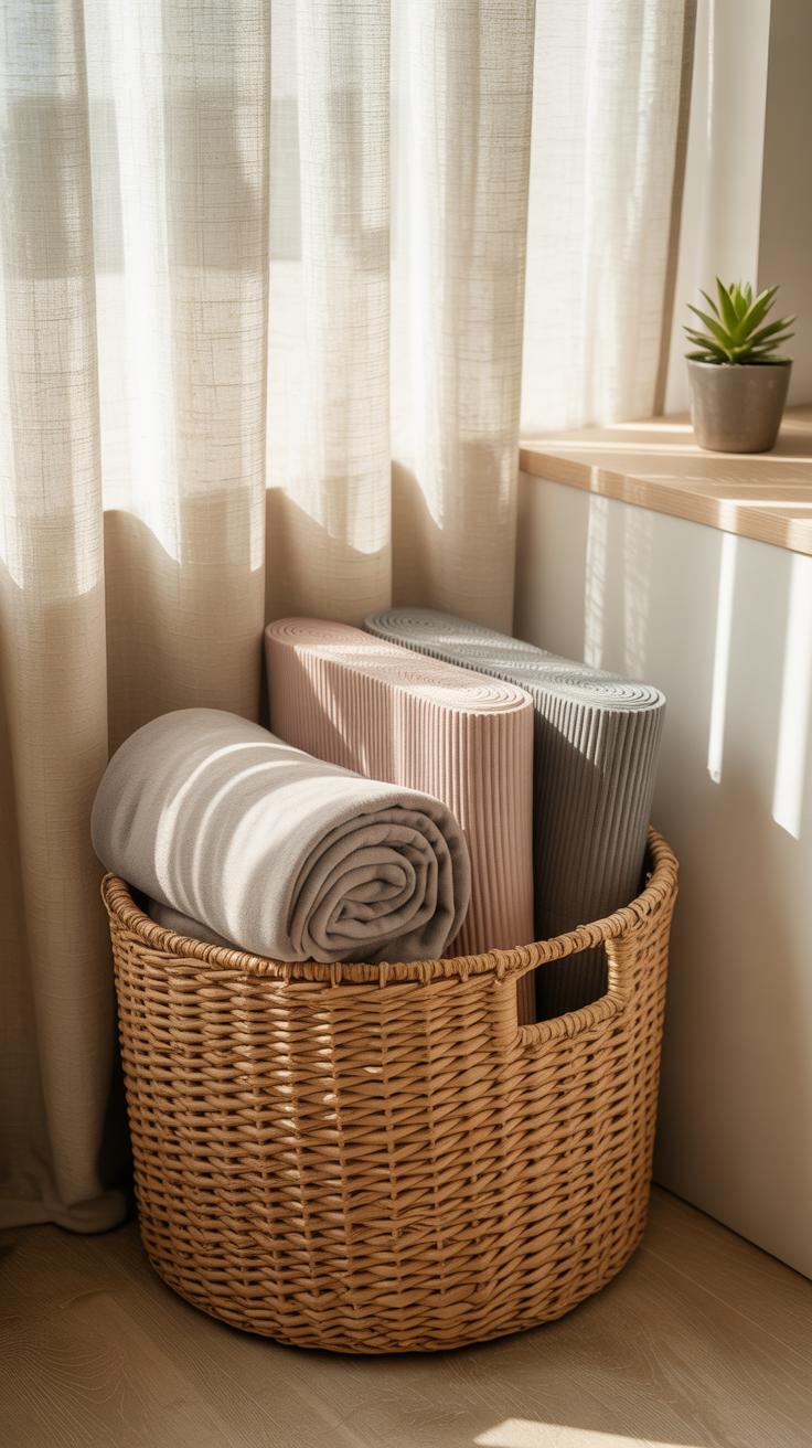 A woven basket holds two rolled yoga mats, one pink and one gray, and a folded beige towel. The basket sits by a sunlit window with sheer curtains and a small potted plant on the windowsill.