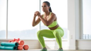 A woman in a bright green workout outfit performs a squat indoors, with exercise mats and dumbbells stacked in the background near large windows.
