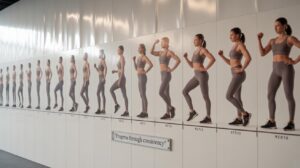 A series of side-by-side photos shows a woman’s fitness progress over 18 weeks, wearing the same workout clothes and posing in a walking stance. Below the images is the quote, Progress through consistency.