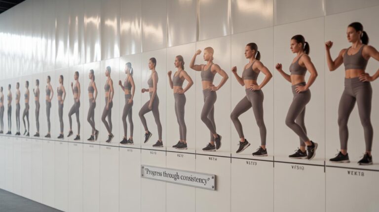 A series of side-by-side photos shows a woman’s fitness progress over 18 weeks, wearing the same workout clothes and posing in a walking stance. Below the images is the quote, Progress through consistency.