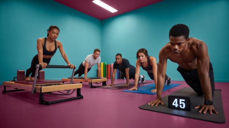 Five people exercise in a colorful gym; four do push-ups on mats, while one uses a Pilates reformer. The floor is pink, walls are teal, and a timer on the floor reads 45 seconds. Yoga mats and foam rollers are in the background.
