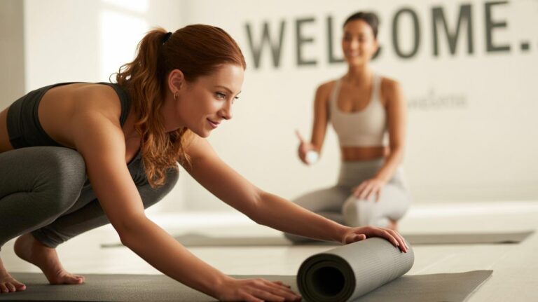 A woman in athletic clothing rolls out a yoga mat with a smile, while another woman in workout attire sits behind her on a mat, giving a thumbs up. The word WELCOME is visible on the wall in the background.