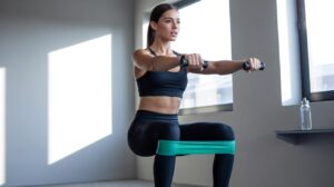A woman in athletic wear squats indoors with a resistance band around her thighs, holding onto dumbbells with both arms extended forward. Natural light streams through large windows.