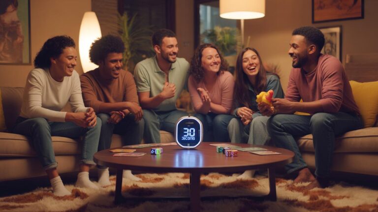 Six friends sit around a coffee table in a cozy living room, playing a board game. A digital timer on the table shows 30 seconds, and everyone is smiling or laughing, enjoying the game together.