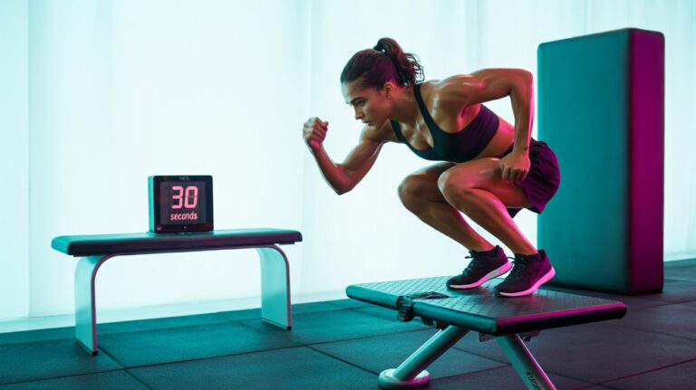 A woman in athletic wear performs a box jump exercise in a gym. She is mid-air above a platform, with a digital timer on a nearby bench displaying “30 seconds.” The gym is lit with pink and blue lights.
