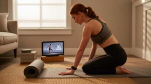 A woman in athletic wear kneels on a yoga mat in a living room, preparing to exercise. A rolled-up mat and a tablet showing a workout timer and instructor are nearby. Sunlight streams through a window in the background.