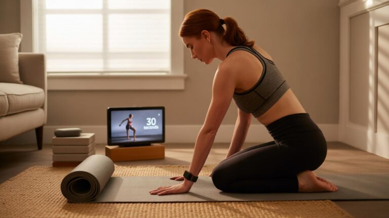 A woman in athletic wear kneels on a yoga mat in a living room, preparing to exercise. A rolled-up mat and a tablet showing a workout timer and instructor are nearby. Sunlight streams through a window in the background.