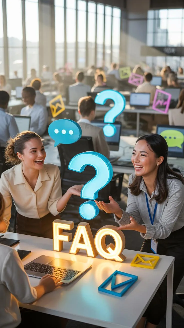 Two women are laughing and gesturing towards glowing blue question marks and a 'FAQ' sign in a busy, sunlit office with many other workers in the back
