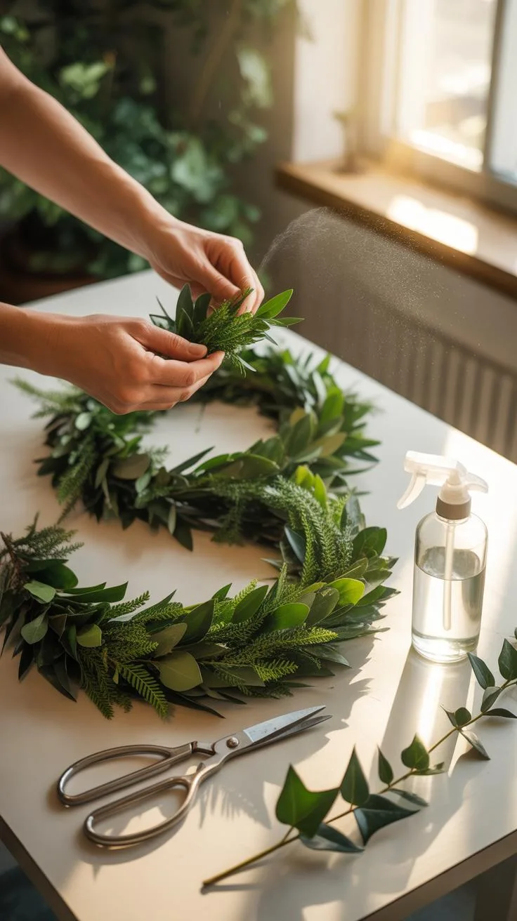 A person's hands are visible as they craft a number '8' shape out of green leaves on a white table, with scissors, a spray bottle, and additional foli