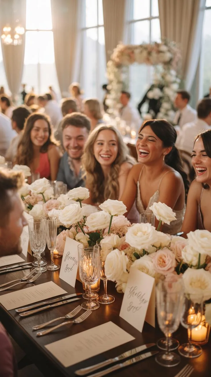 A long, dark wooden table is set for a wedding reception with white and blush floral centerpieces, candles, and place settings. Several young adults a