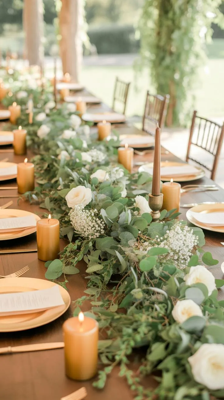 A long, wooden outdoor dining table is decorated with a lush green garland of eucalyptus and white roses, interspersed with tall, flickering golden ca