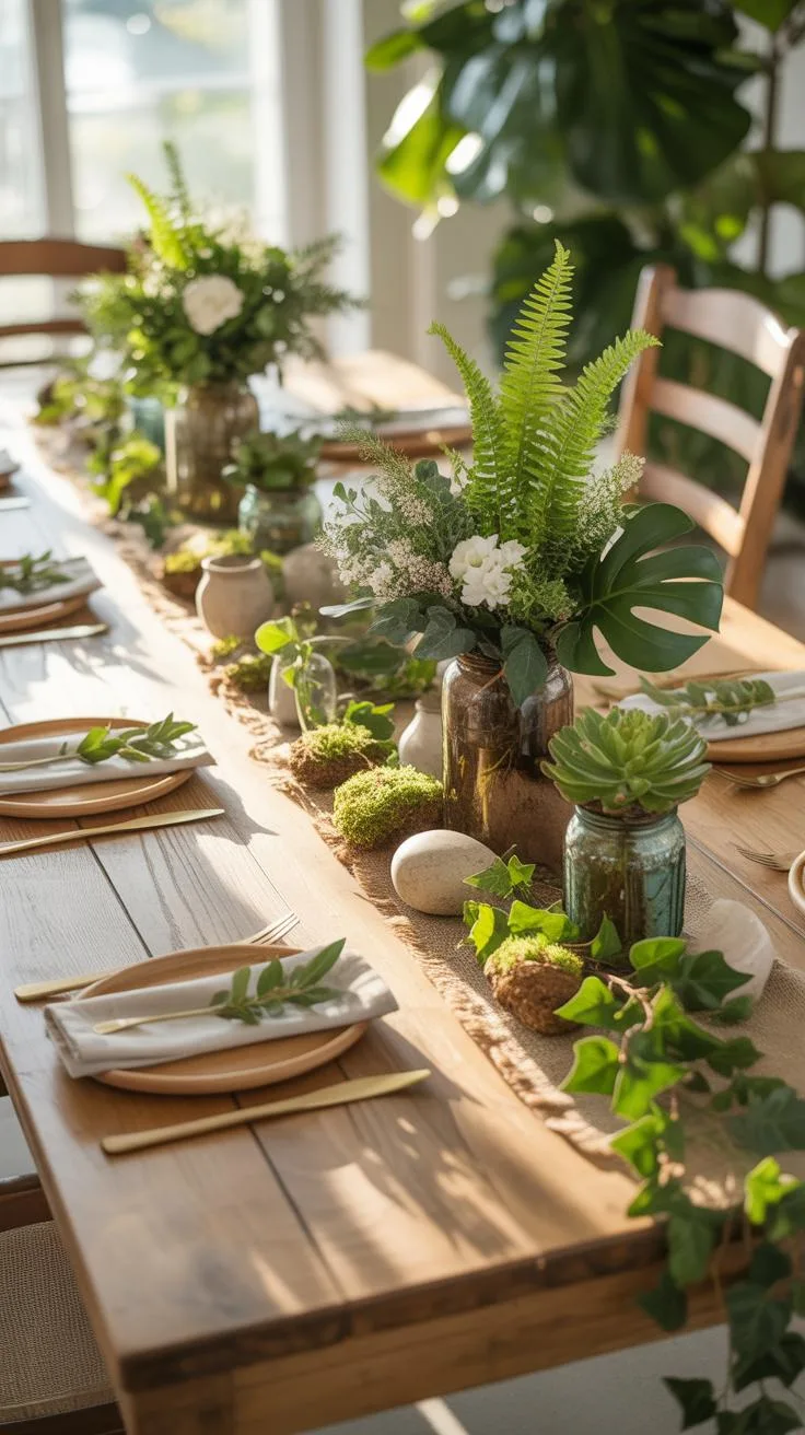 A long rustic wooden dining table is beautifully decorated for a spring or nature-themed meal, featuring a runner adorned with various green plants li