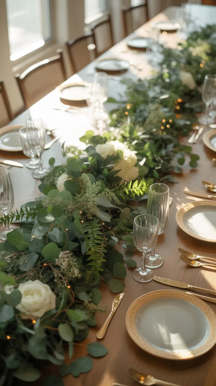 A long wooden dining table is beautifully set with gold-rimmed plates, gold silverware, and clear glass stemware, adorned with a lush green garland of