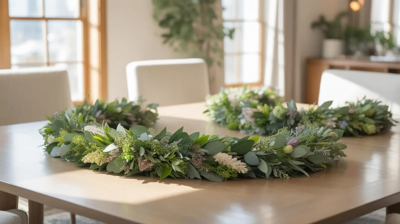 A long, lush green garland made of various leaves and some small flowers is arranged in a circular shape on a light wooden dining table, with parts of