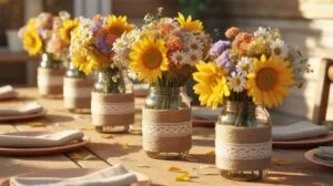 Several small mason jars, each wrapped with burlap and white lace, hold bouquets of sunflowers, white daisies, and purple and orange filler flowers, a
