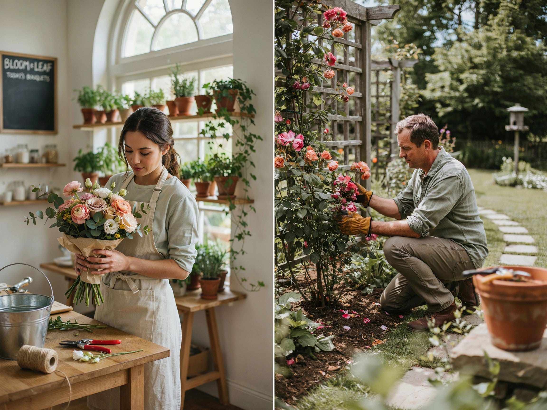 Split image showing a florist arranging a bouquet on the left and a gardener tending blooming rose bushes on the right