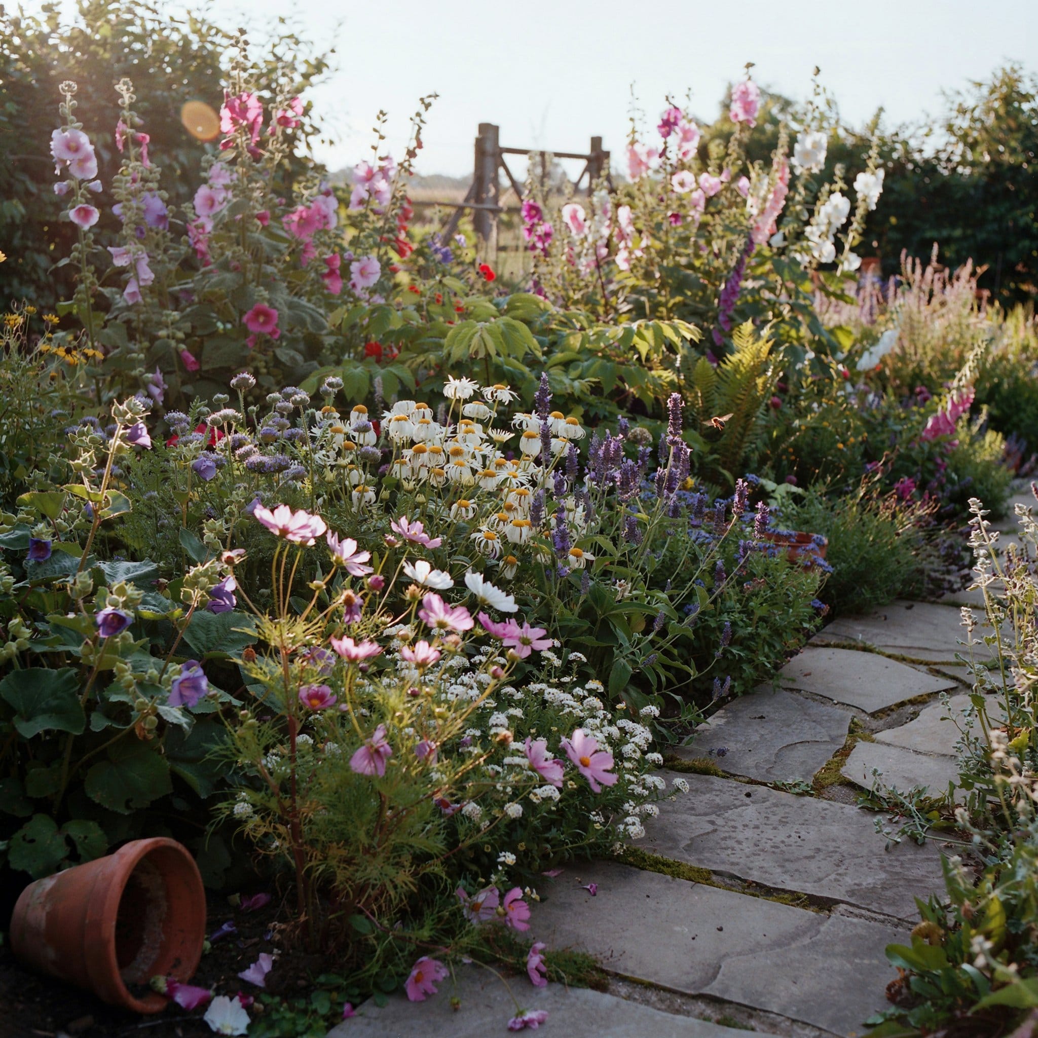 A landscaped flower garden with layered blooming perennials and a stone pathway at golden hour