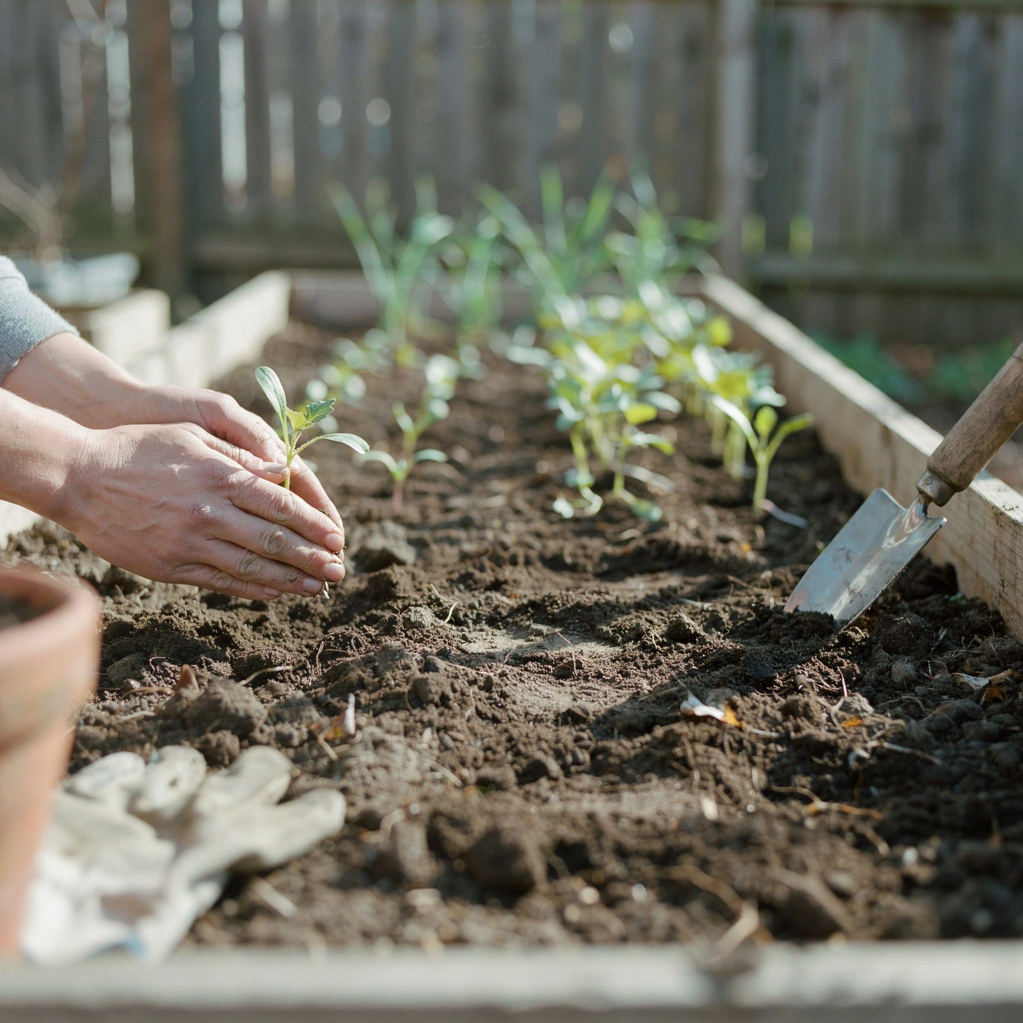 A gardener plants young flower seedlings into rich dark soil in a raised garden bed